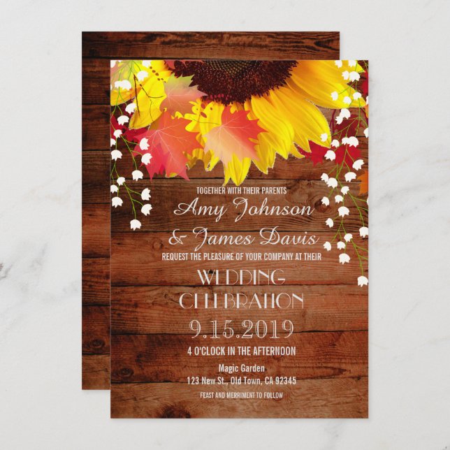 Tournesol rustique Grange Bois Mariage Invitations (Devant / Derrière)