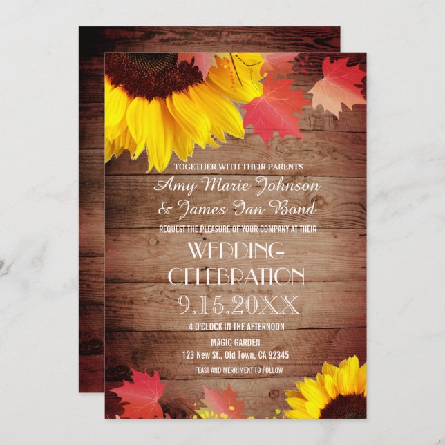 Tournesol rustique Grange Bois Mariage Invitations (Devant / Derrière)