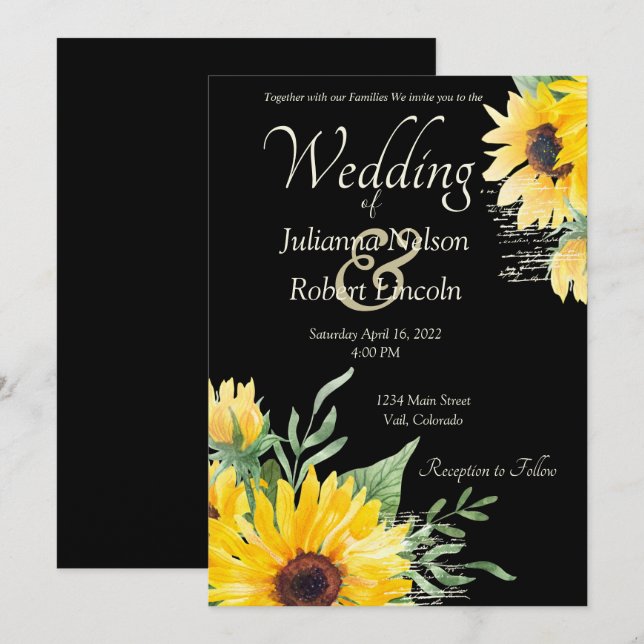 Tournesols aquarelle sur invitation de mariage noi (Devant / Derrière)