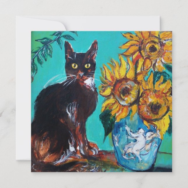 TOURNESOLS ET CHAT NOIR EN BLEU SARCELLE Fête d'ét (Devant)