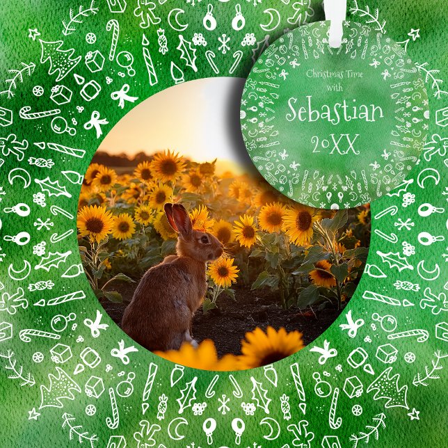 Tournesols et lapin sur un ornement de Noël vert (Créateur téléchargé)