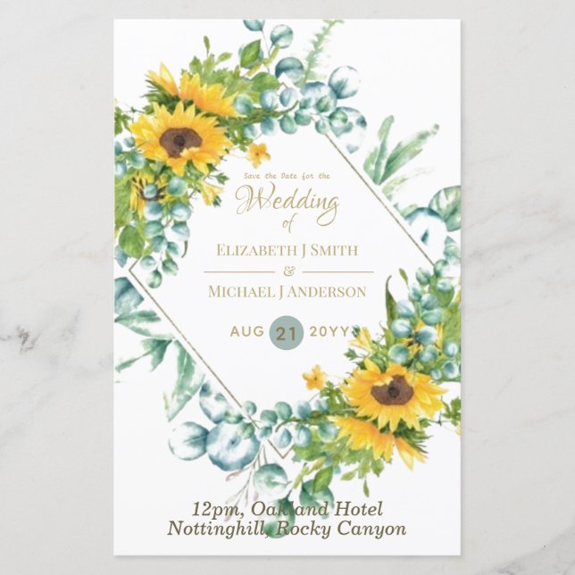 Tournesols Eucalyptus Vert Mariage Invitations (Devant)