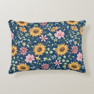 Tournesols jaunes Fleurs roses Coussin bleu