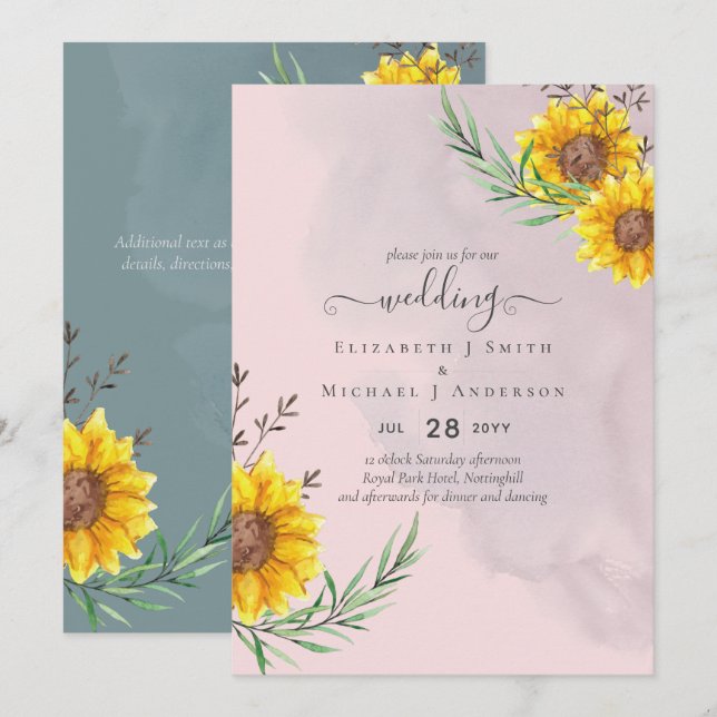 Tournesols roses et poussiéreux Mariage Boho rusti (Devant / Derrière)