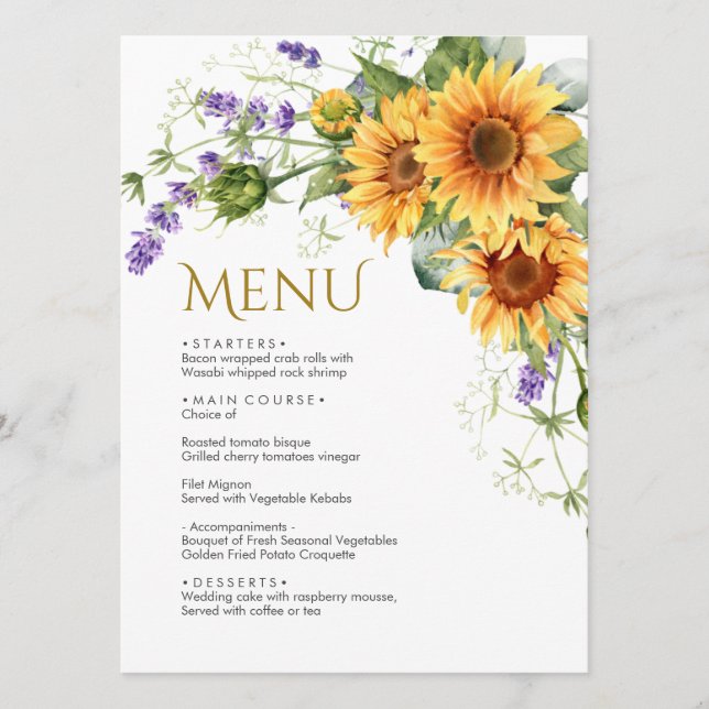 Tournesols rustiques & Lavender Menu Mariage (Devant)
