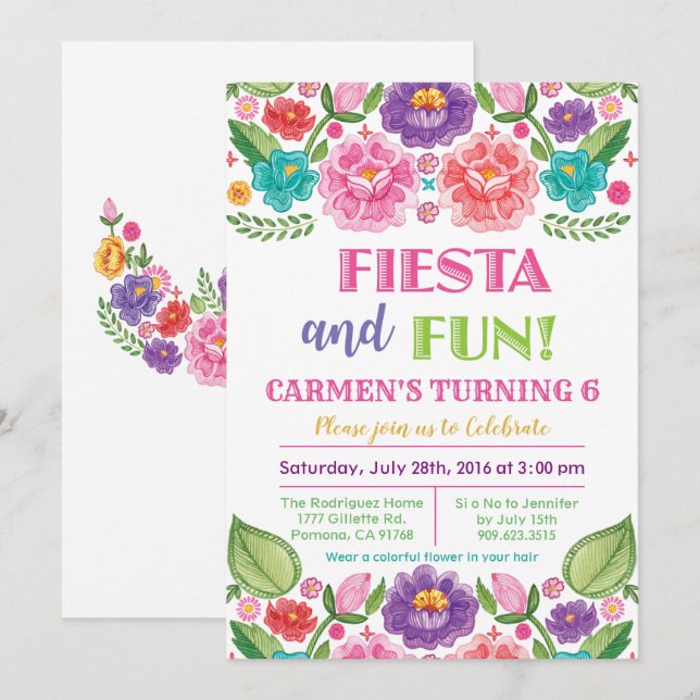 TOUS ÂGES - Invitation d'anniversaire Fiesta Flora (Devant / Derrière)