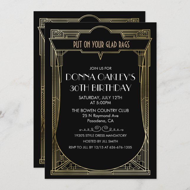 TOUT ÂGE Gatsby Art Déco Invitation Anniversaire (Devant / Derrière)