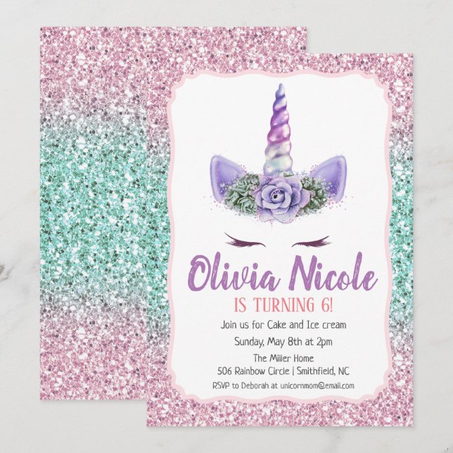 TOUT ÂGE - Invitation d'anniversaire licorne paill (Devant / Derrière)