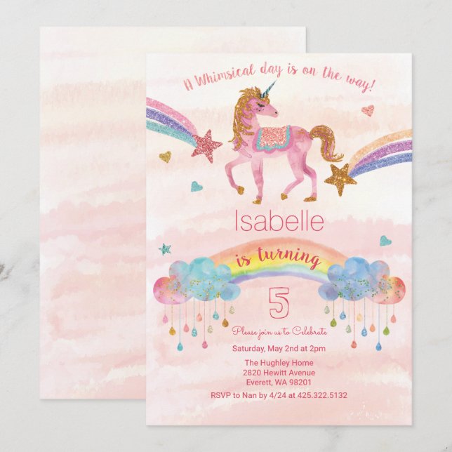 TOUT ÂGE - Invitation d'anniversaire licorne paill (Devant / Derrière)