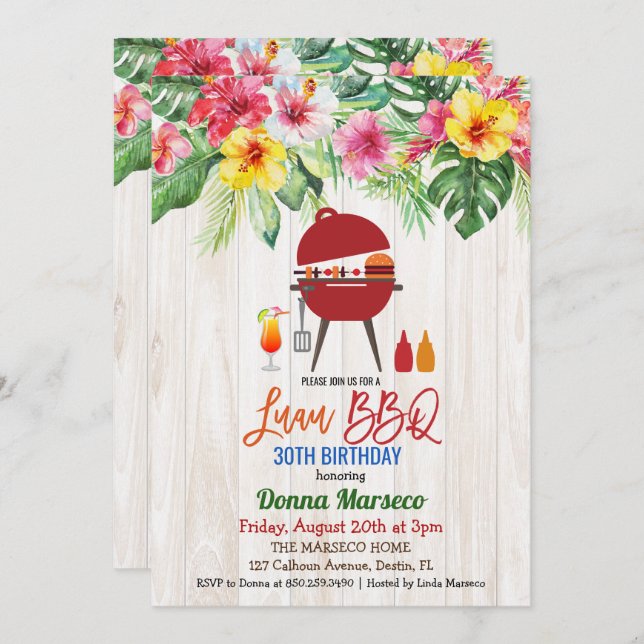 TOUT ÂGE - Luau BBQ Tropical Birthday Invitation (Devant / Derrière)