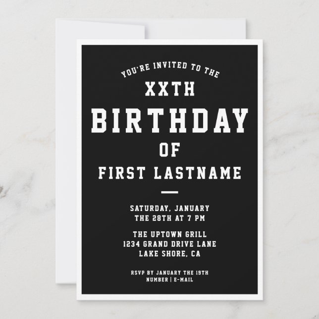 TOUT ÂGE Preppy Anniversaire Invitation | Noir et  (Devant)