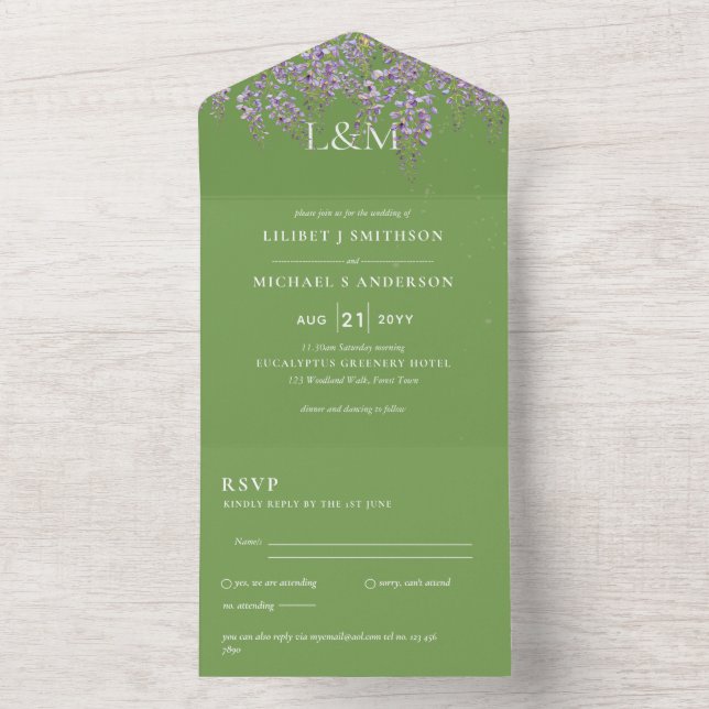 Tout En Un 3in1 Wisteria Floral Green Wedding Invitation RSVP (À l'intérieur)
