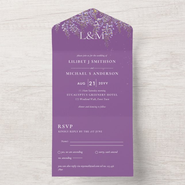Tout En Un 3in1 Wisteria Floral Violet Mariage Invitation RSV (À l'intérieur)