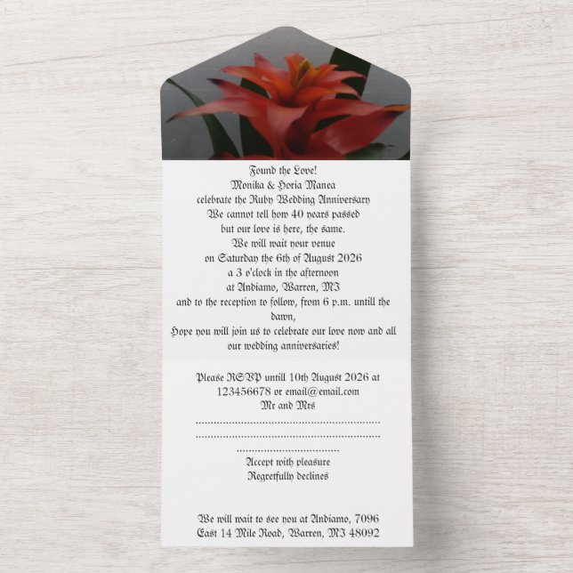 Tout En Un 40e anniversaire mariage invitation ruby (À l'intérieur)