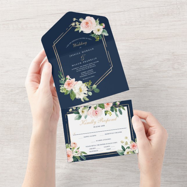 Tout En Un All in One Navy Blue Gold Blush Wedding Invitation (Déchirure)