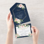 Tout En Un All in One Navy Blue Gold Blush Wedding Invitation<br><div class="desc">Ces invitations de mariage tout-en-un uniques sont magnifiquement imprimées et faciles à utiliser! Ajoutez simplement un cachet à la carte postale RSVP, afin que vos invités puissent remplir facilement les informations RSVP, déchirer et vous renvoyer par la poste ! Pour envoyer, vous pouvez simplement plier, sceller (en utilisant l'un des...</div>