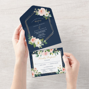 Tout En Un All in One Navy Blue Gold Blush Wedding Invitation