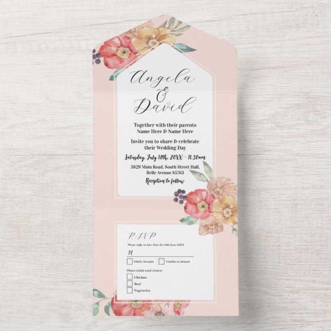 Tout En Un Aquarelle florale Mariage floral Invitation & RSVP (À l'intérieur)