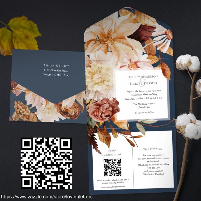 Tout En Un Automne Elegance, invitation mariage de automne av (Navy blue fall wedding invitation, Qr code rsvp, details cards. All-in-one Autumn floral invitations)