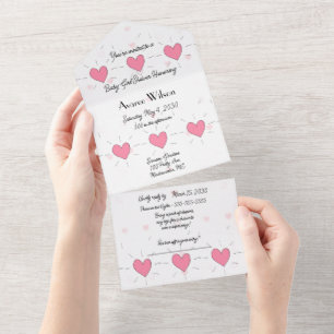 Tout En Un Baby shower Coeurs roses Invitation