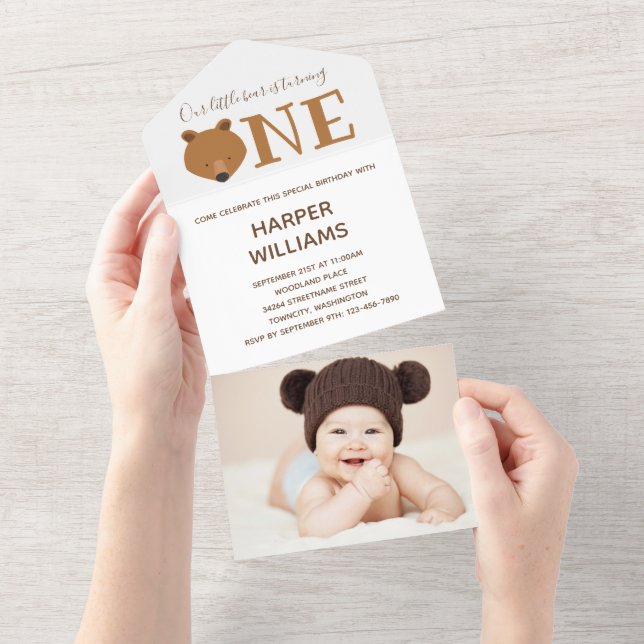 Tout En Un Bear Photo Cute Premier Anniversaire Invitation (Déchirure)
