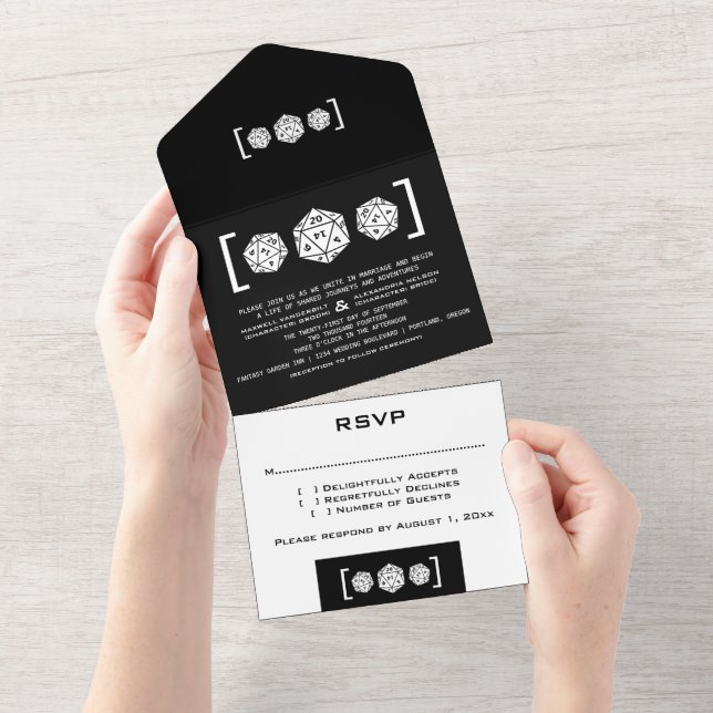Tout En Un Black D20 Dice Gamer All in One Wedding Invitation (Déchirure)