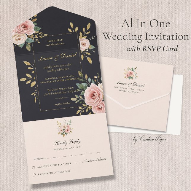 Tout En Un Blush Pink & Black All-In-One Wedding Invitation (Créateur téléchargé)