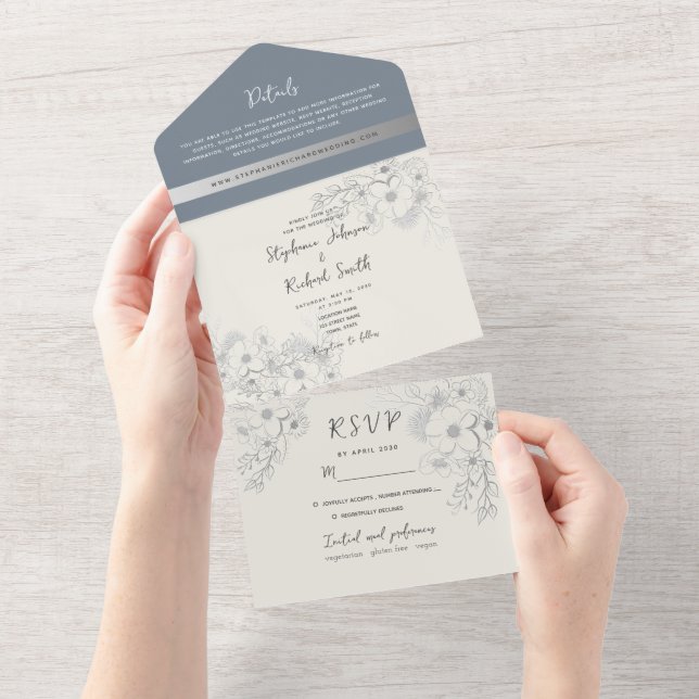 Tout En Un Boho Botanique Dusty Blue All-in-One Invitation (Déchirure)
