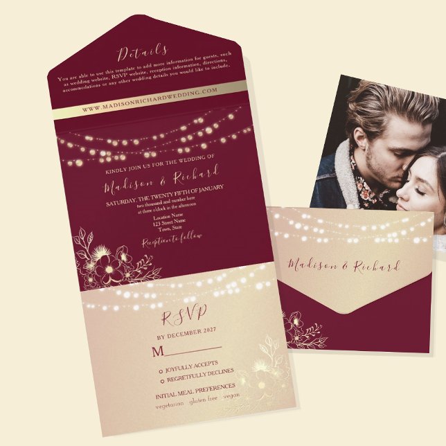 Tout En Un Burgundy Gold All-in-One Wedding Invitation (Créateur téléchargé)