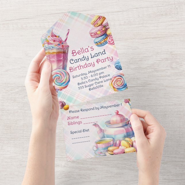 Tout En Un Candy Land Anniversaire Fête Invitation Tearaway R (Déchirure)
