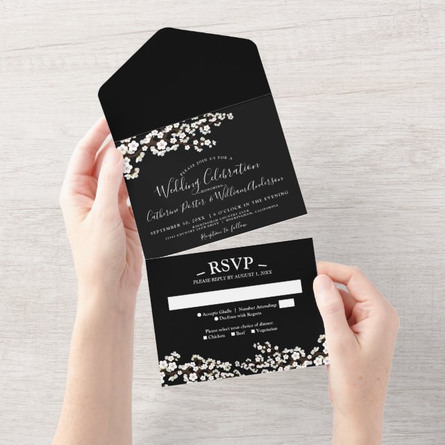 Tout En Un Cherry Blossom All-in-One Black Event Invitation (Déchirure)