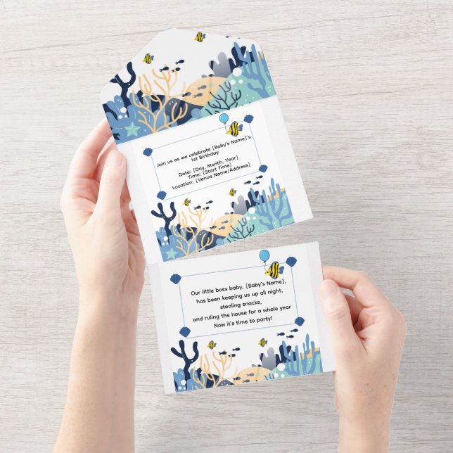 Tout En Un Cute Ocean First Birthday Celebration Invitation (Déchirure)