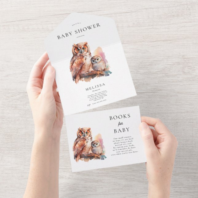 Tout En Un Cute Owl Baby shower Invitation et livres pour béb (Déchirure)
