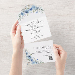Tout En Un Dusty Blue Ivory All in One Wedding Invitation