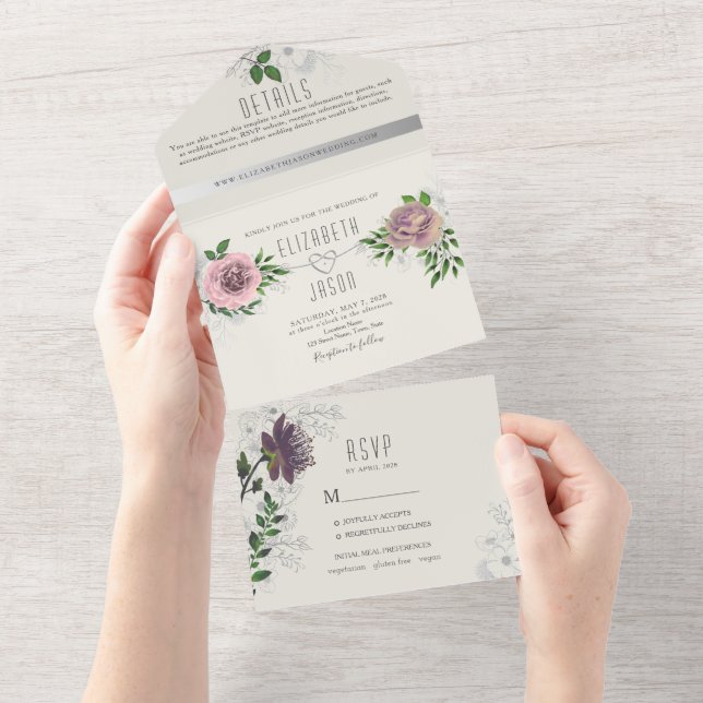 Tout En Un Dusty Rose Floral Greenery All-in-One Invitation (Déchirure)