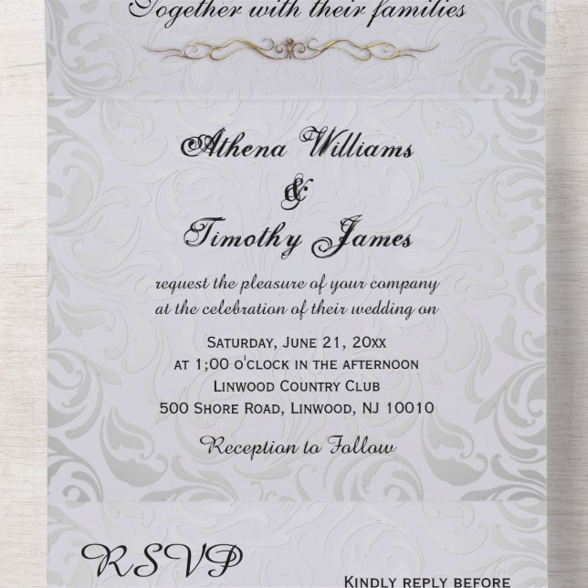 Tout En Un Elégant Rococo Era Silver Wedding Invitation (À l'intérieur du milieu)