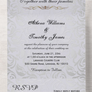 Tout En Un Elégant Rococo Era Silver Wedding Invitation