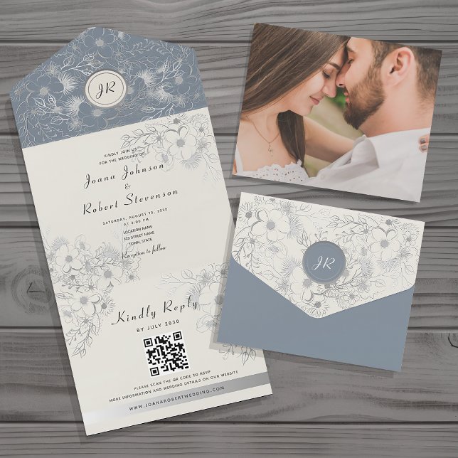 Tout En Un Élégante invitation de mariage avec code QR bleu p (Créateur téléchargé)
