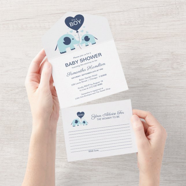 Tout En Un Elephant Baby Boy Shower Invitation & Conseils Car (Déchirure)
