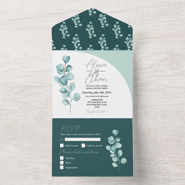 Tout En Un Eucalyptus Mariage Invitation & RSVP Feuilles de p (À l'intérieur)