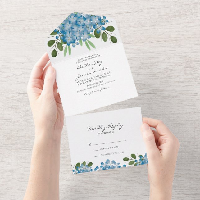 Tout En Un Faire invitation de mariage bleu hydrangea tout-en (Déchirure)