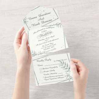 Tout en un Faire-part de mariage et feuille verte 