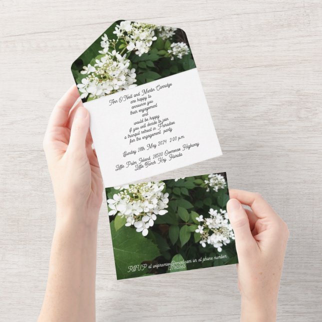 Tout En Un Fiançailles Invitation Party White Hydrangea (Déchirure)