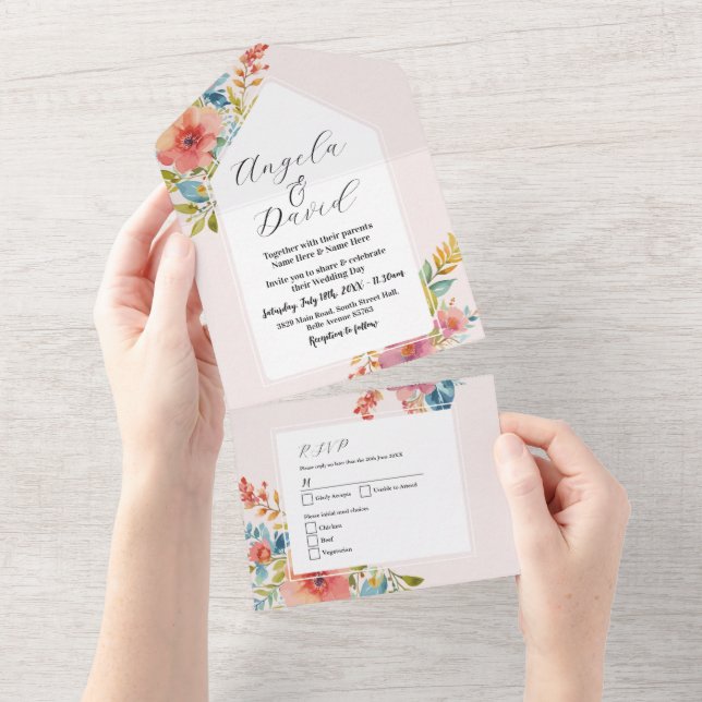 Tout En Un Floral Modern Rose Wedding Invitation & RSVP (Déchirure)