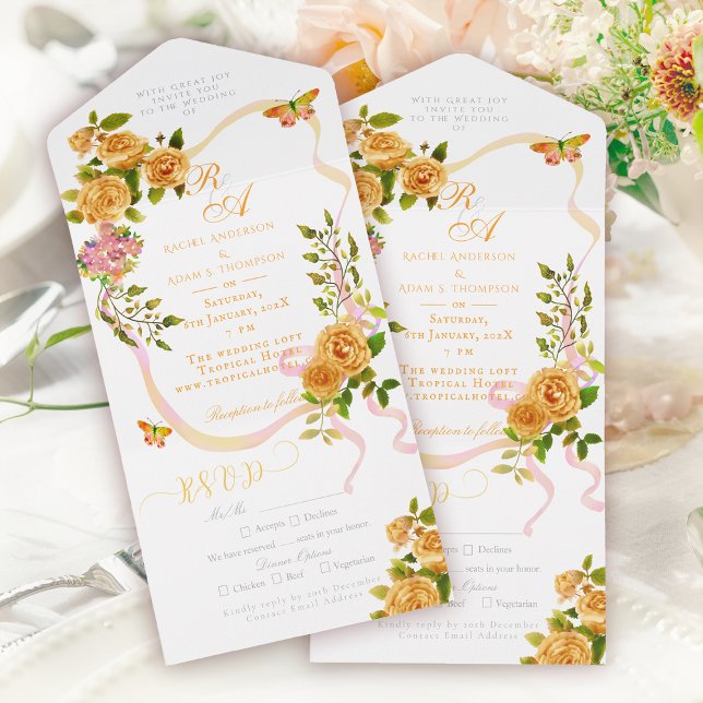 Tout En Un Gold Rose Ribbon Monogram Wedding Invitation (Gold Rose Ribbon Monogram Wedding Invitation)