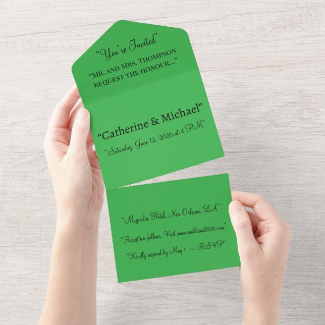 Tout En Un Green All In One Wedding Invitation – Bold (Déchirure)