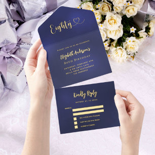 Tout En Un Invitation 80e anniversaire marine bleu or rsvp