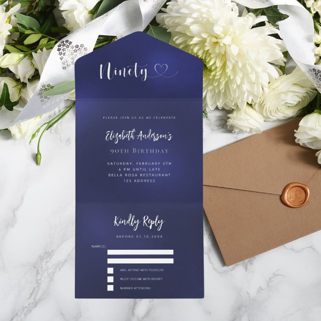 Tout En Un Invitation 90e anniversaire marine bleu argent rsvp (Créateur téléchargé)