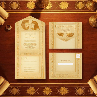 Tout En Un Invitation Ancient Hieroglyphs King & Queen Wedding Gold Foil