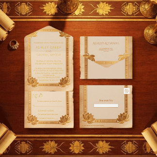 Tout En Un Invitation Ancient Papyrus Gold Lotus Egyptian Wedding Foil